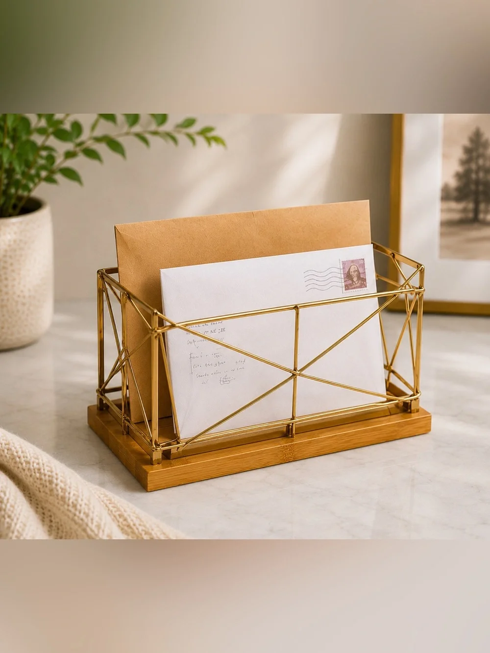 Gold Metal & Bamboo Desk Organizer Set – Modern Office Accessories